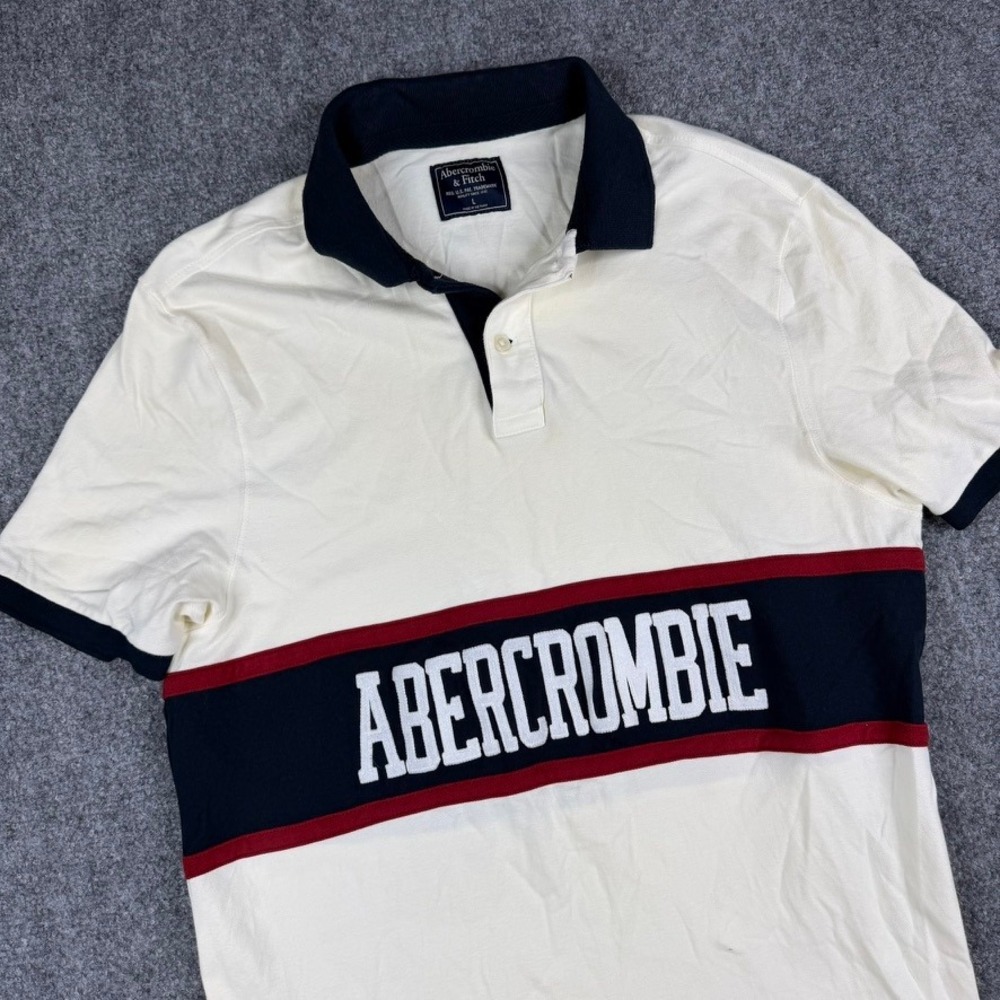 Abercrombie & Fitch Polo Shirt Mens Large Cream Colorblock Logo Short Sleeve Y2K